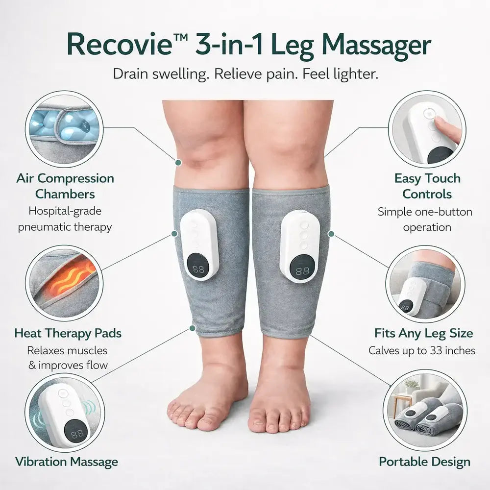 Recovive 3-in-1 Leg Massager with features highlighted on a white background