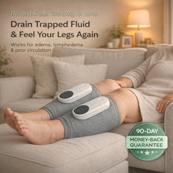 Person using leg compression devices on a couch with promotional text about product benefits.