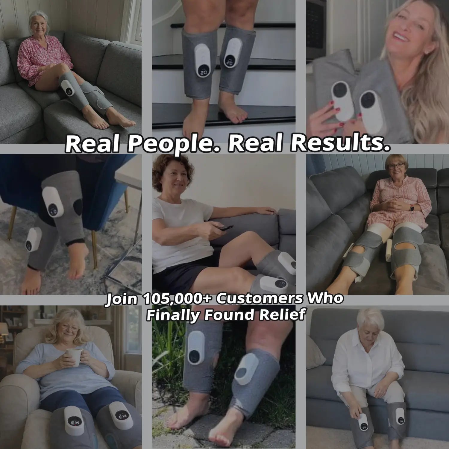 Collage of testimonial photos stating customers got relief. 105.000+ customers