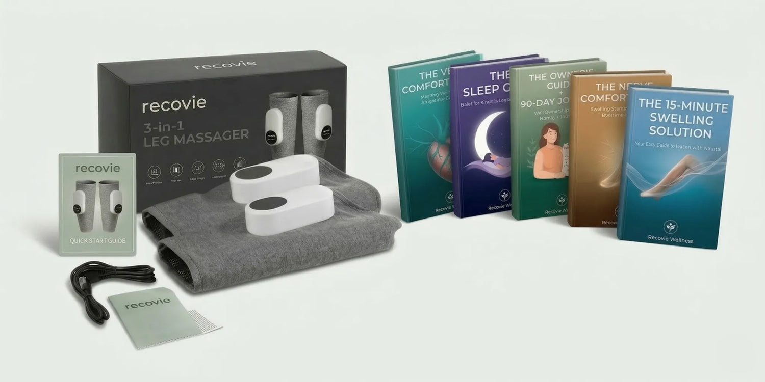 Recovie leg massager box, travel bag, quick start guide, and five bonus ebooks from the digital wellness bundle