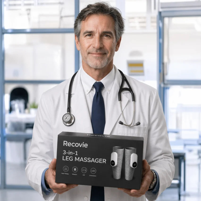 Doctor holding a Recovie 3-in-1 Leg Massager box in a medical setting