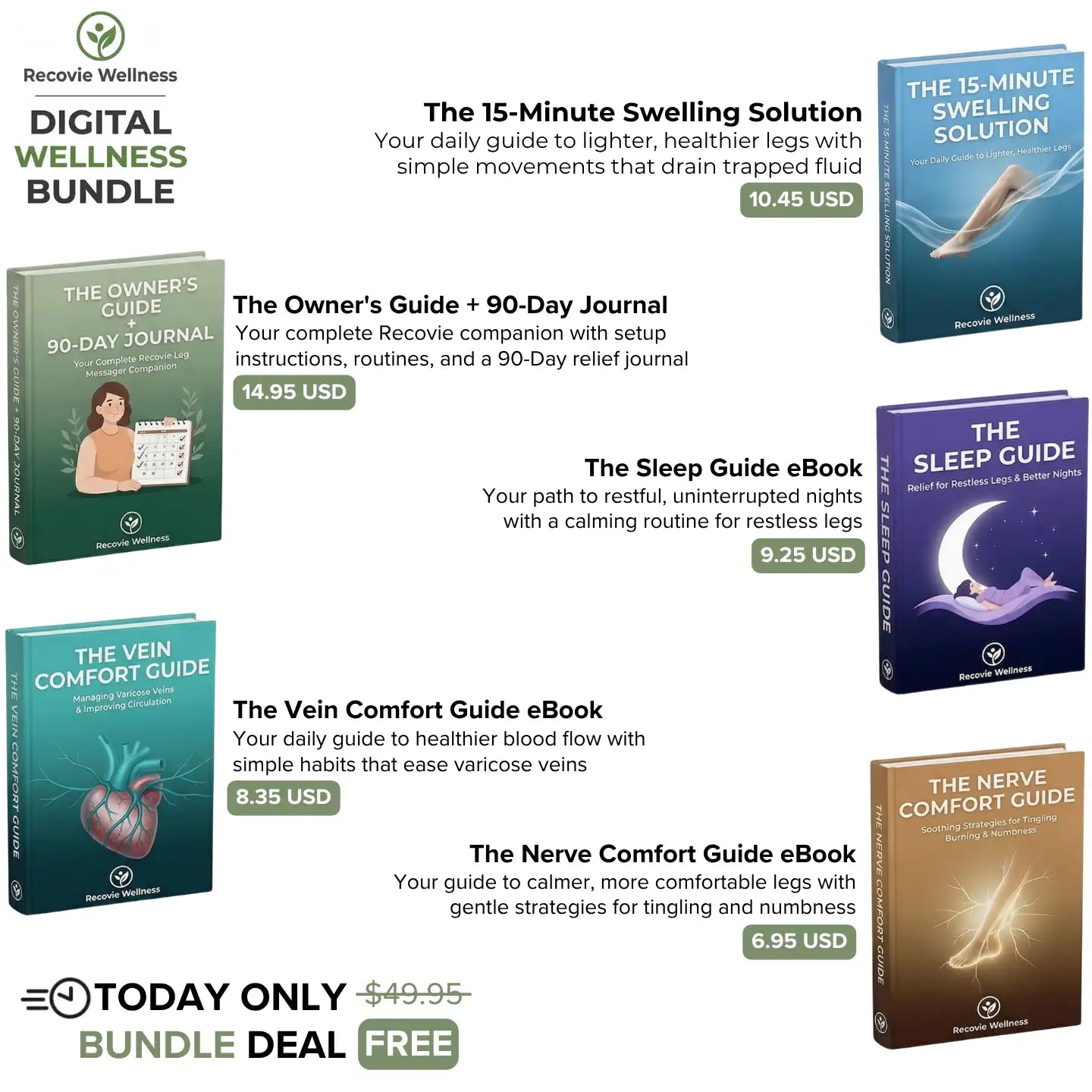 Recovie Digital Wellness Bundle with 5 free ebooks covering swelling relief, sleep, vein comfort, nerve comfort, and 90-day journal