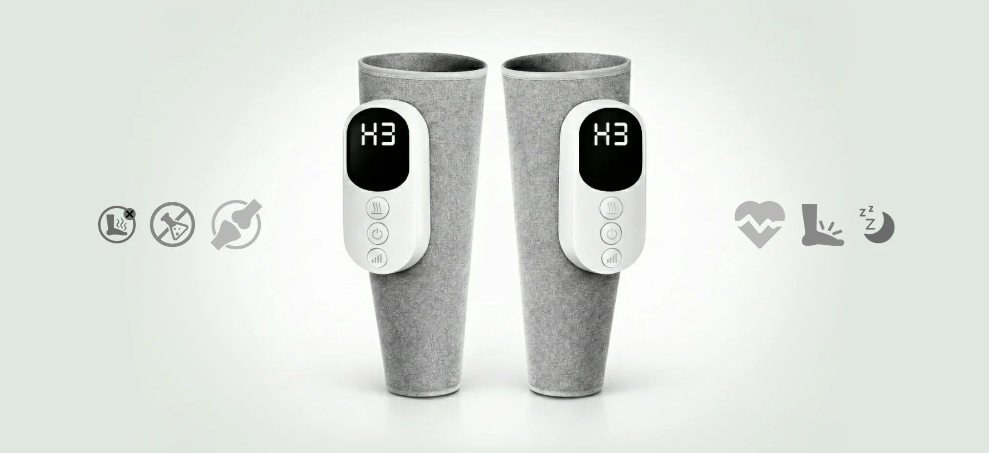 Two Recovie 3-in-1 leg massager wraps with built-in control units displaying active mode, surrounded by feature icons for cordless use and heart health