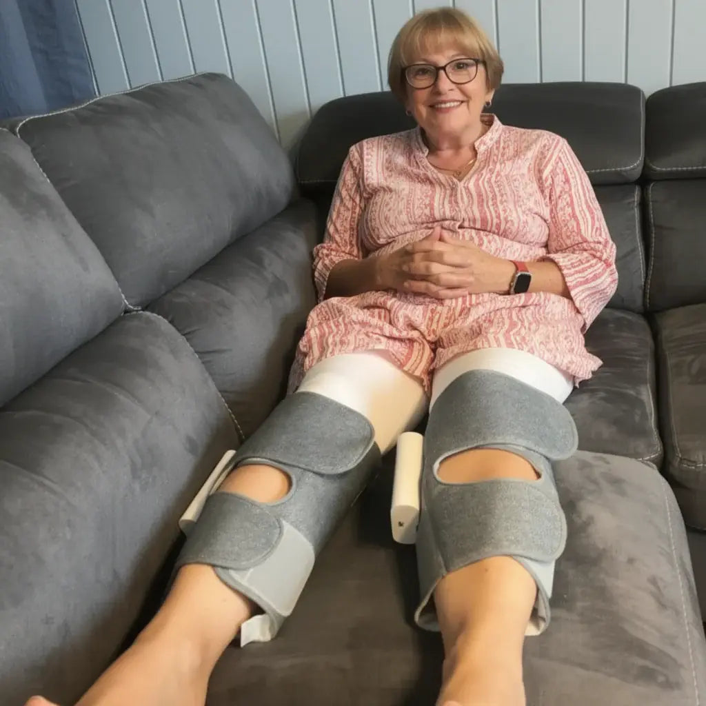 Smiling older woman in pink blouse relaxing on couch while using the Recovie leg massager